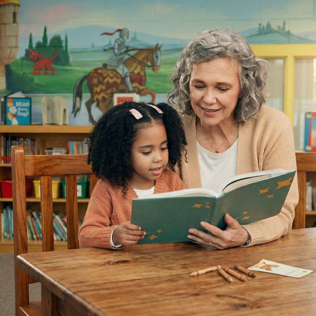 Read United volunteer and student reading together